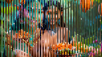 रतालू के साथ सुंदर बड़े स्तन वाली नग्न भारतीय योगिनी लड़की