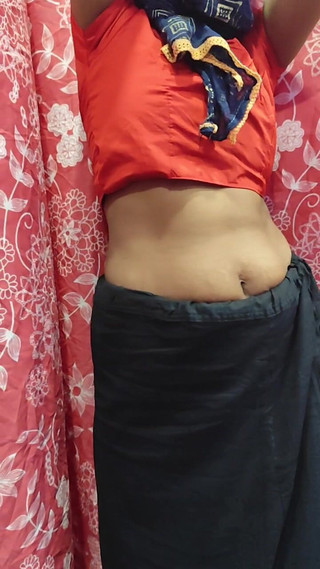 नीली साड़ी में आनंद लेती भारतीय गृहिणी